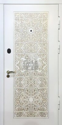 Наружная металлическая дверь, отделка белым МДФ с рисунком-ДВ-1237