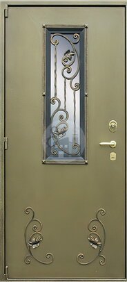 антивандальная дверь с ковкой и стеклом, внутри — ламинат-ДВ-1064